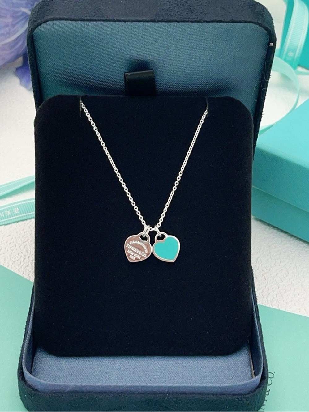 Tiffany & Co. Sterling Silver Double Heart Necklace with Turquoise Enamel